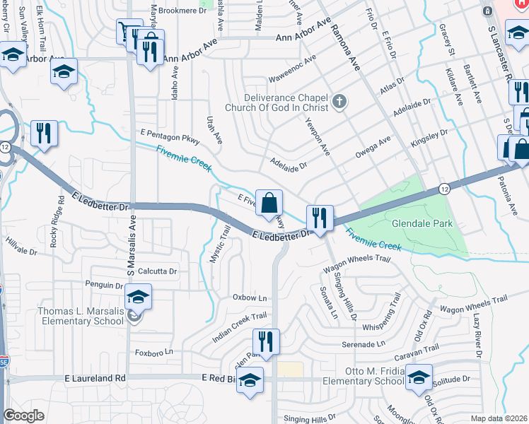 map of restaurants, bars, coffee shops, grocery stores, and more near 1126 East Five Mile Parkway in Dallas