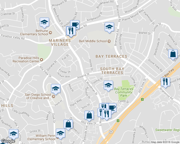 map of restaurants, bars, coffee shops, grocery stores, and more near 6960 Alsacia Street in San Diego