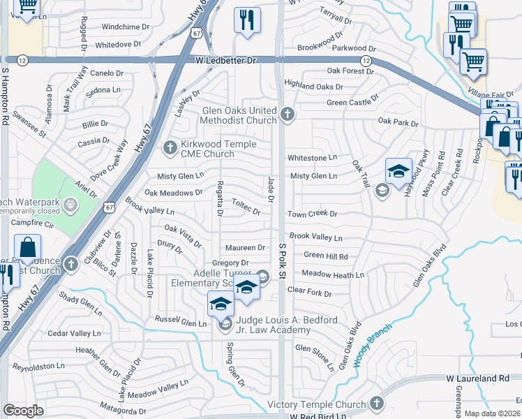 map of restaurants, bars, coffee shops, grocery stores, and more near 1221 Toltec Drive in Dallas