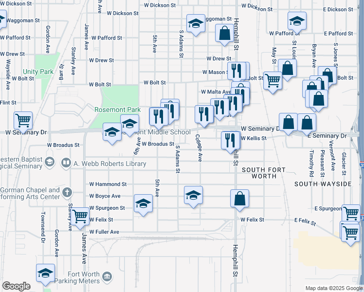 map of restaurants, bars, coffee shops, grocery stores, and more near 1112 West Broadus Street in Fort Worth