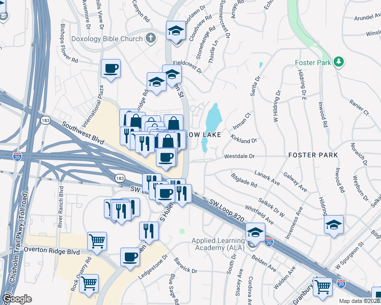 map of restaurants, bars, coffee shops, grocery stores, and more near 4251 Clear Lake Circle in Fort Worth