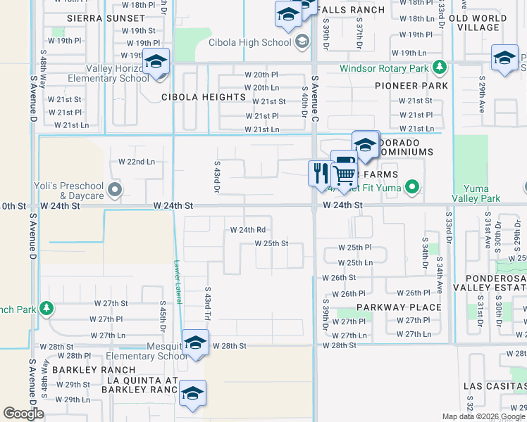 map of restaurants, bars, coffee shops, grocery stores, and more near 4178 West 24th Place in Yuma