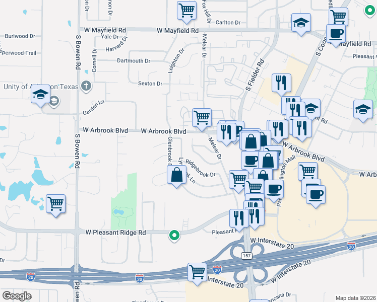 map of restaurants, bars, coffee shops, grocery stores, and more near 3810 Longmeadow Dr in Arlington