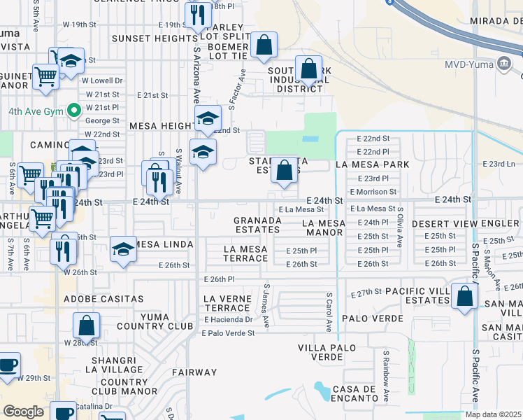 map of restaurants, bars, coffee shops, grocery stores, and more near 2429 South James Drive in Yuma