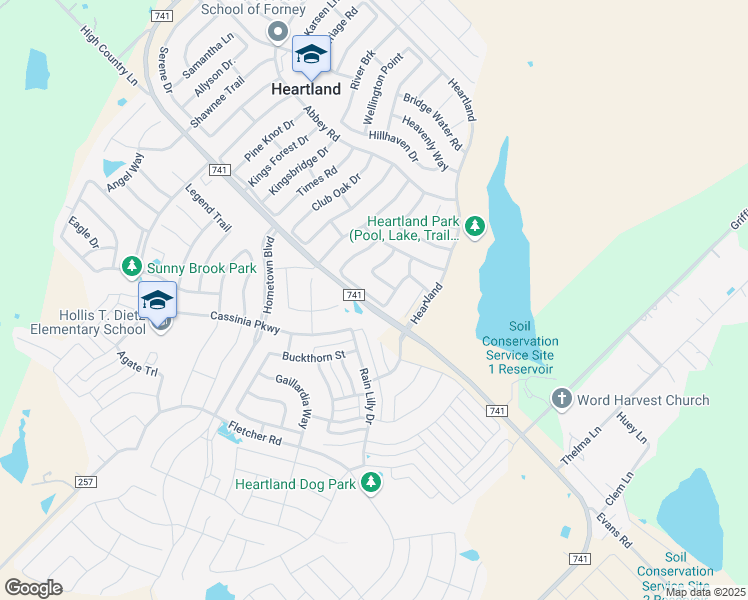 map of restaurants, bars, coffee shops, grocery stores, and more near 2020 Rushing Creek Drive in Forney
