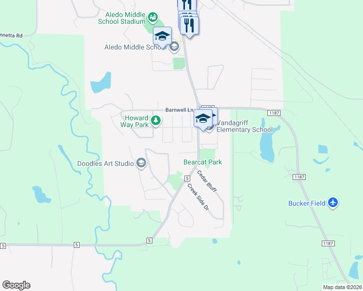 map of restaurants, bars, coffee shops, grocery stores, and more near 177 Aspen Loop in Aledo