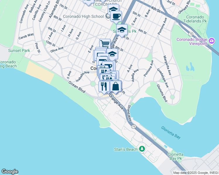 map of restaurants, bars, coffee shops, grocery stores, and more near 1301 California 75 in Coronado
