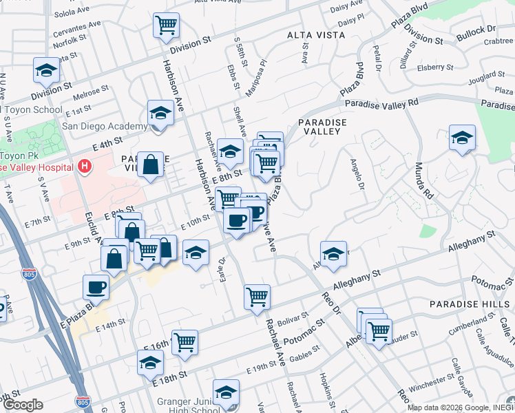 map of restaurants, bars, coffee shops, grocery stores, and more near 3239 East Plaza Boulevard in National City