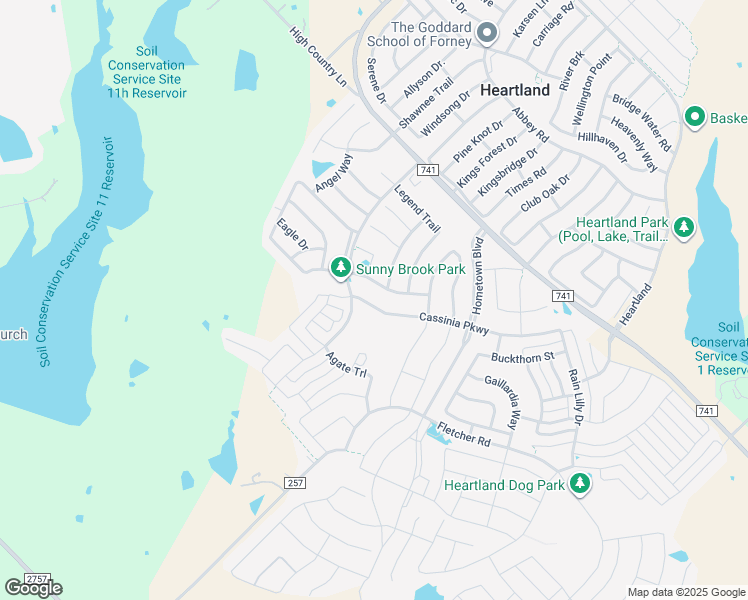map of restaurants, bars, coffee shops, grocery stores, and more near 3322 Cassinia Parkway in Forney