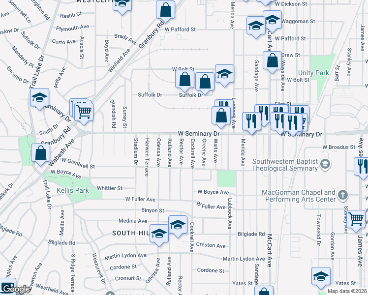 map of restaurants, bars, coffee shops, grocery stores, and more near 4325 Rector Avenue in Fort Worth