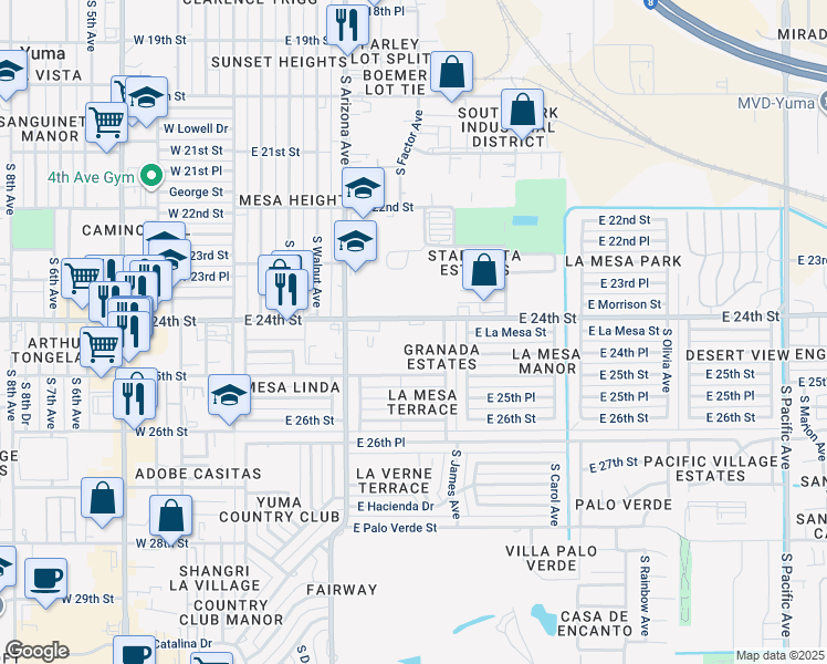 map of restaurants, bars, coffee shops, grocery stores, and more near 721 East 24th Street in Yuma