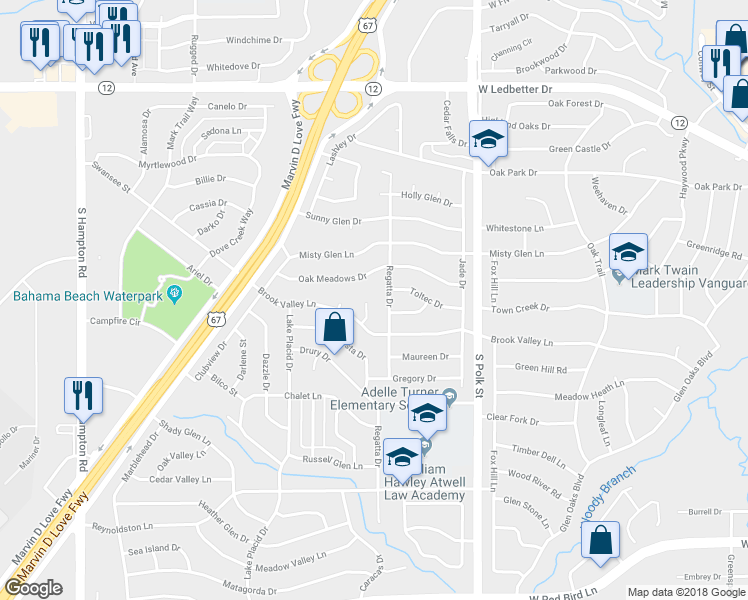 map of restaurants, bars, coffee shops, grocery stores, and more near 1433 Brook Valley Place in Dallas