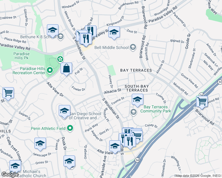 map of restaurants, bars, coffee shops, grocery stores, and more near 6960 Alsacia Street in San Diego