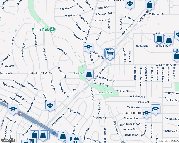 map of restaurants, bars, coffee shops, grocery stores, and more near 4401 Trail Lake Drive in Fort Worth