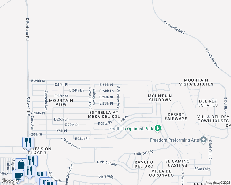 map of restaurants, bars, coffee shops, grocery stores, and more near 11647 East 24th Lane in Yuma