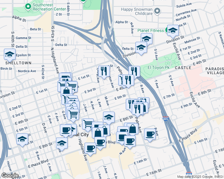 map of restaurants, bars, coffee shops, grocery stores, and more near 1341 East 4th Street in National City