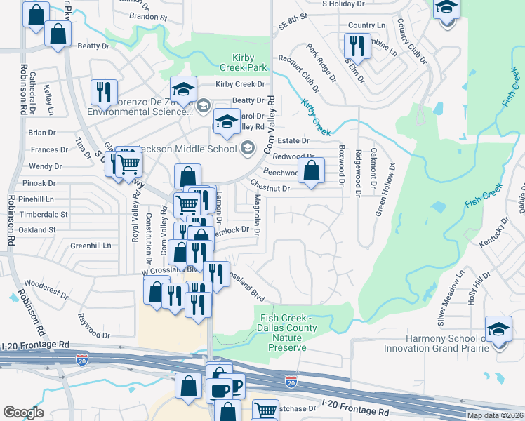 map of restaurants, bars, coffee shops, grocery stores, and more near 3713 Magnolia Dr in Grand Prairie