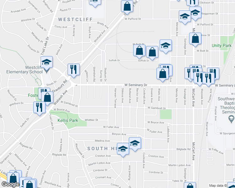 map of restaurants, bars, coffee shops, grocery stores, and more near 4325 Harwen Terrace in Fort Worth