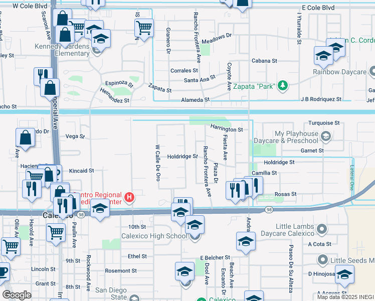 map of restaurants, bars, coffee shops, grocery stores, and more near 1230 East Calle De Oro in Calexico