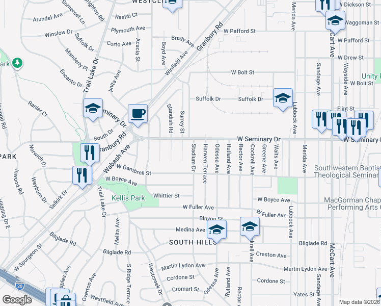 map of restaurants, bars, coffee shops, grocery stores, and more near 4320 Stadium Drive in Fort Worth