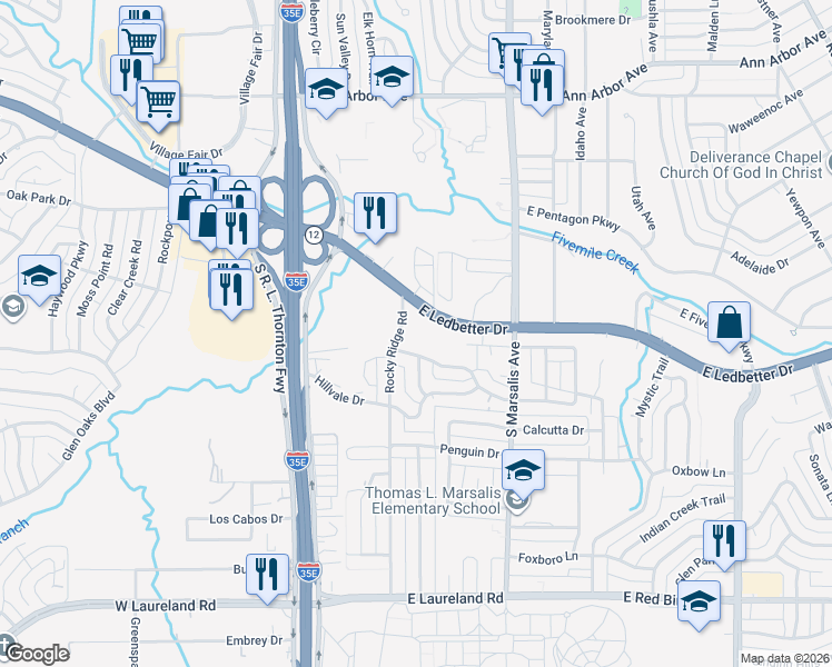 map of restaurants, bars, coffee shops, grocery stores, and more near 20 Rocky Ridge Road in Dallas
