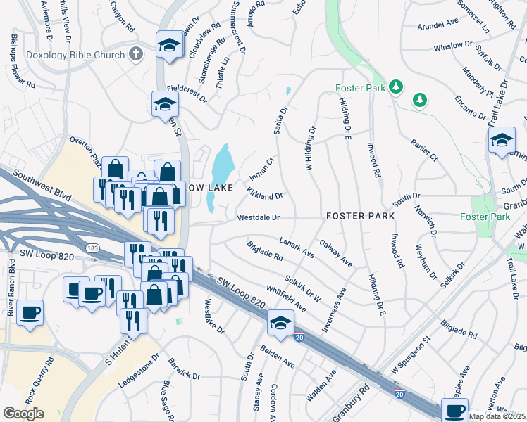 map of restaurants, bars, coffee shops, grocery stores, and more near 4336 Westdale Drive in Fort Worth