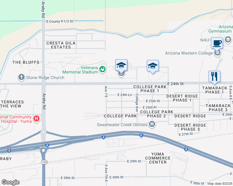 map of restaurants, bars, coffee shops, grocery stores, and more near 7168 East 24th Lane in Yuma