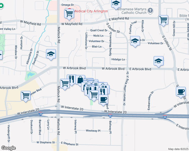 map of restaurants, bars, coffee shops, grocery stores, and more near 250 West Arbrook Boulevard in Arlington