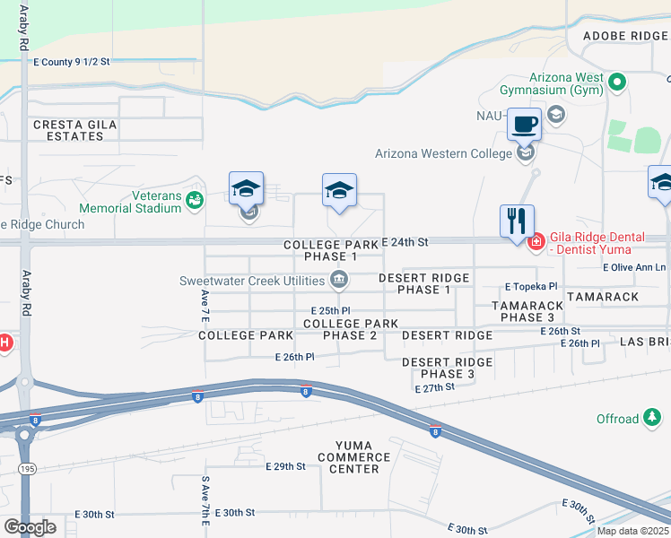 map of restaurants, bars, coffee shops, grocery stores, and more near 7372 East 24th Lane in Yuma