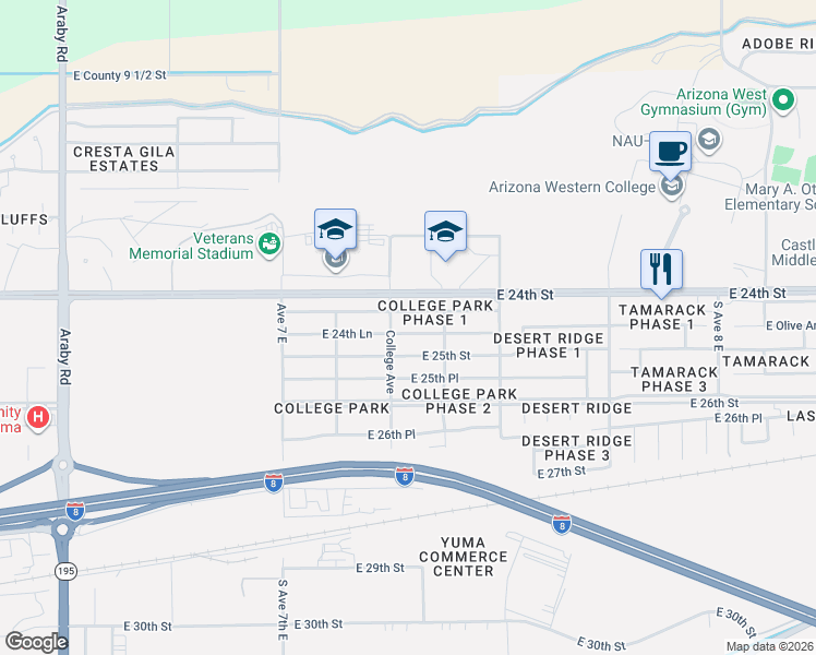 map of restaurants, bars, coffee shops, grocery stores, and more near 7312 East 24th Lane in Yuma