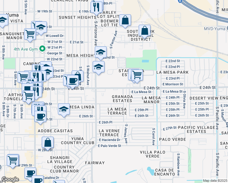 map of restaurants, bars, coffee shops, grocery stores, and more near 721 East 24th Street in Yuma