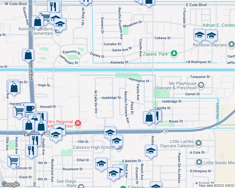 map of restaurants, bars, coffee shops, grocery stores, and more near 1230 East Calle De Oro in Calexico
