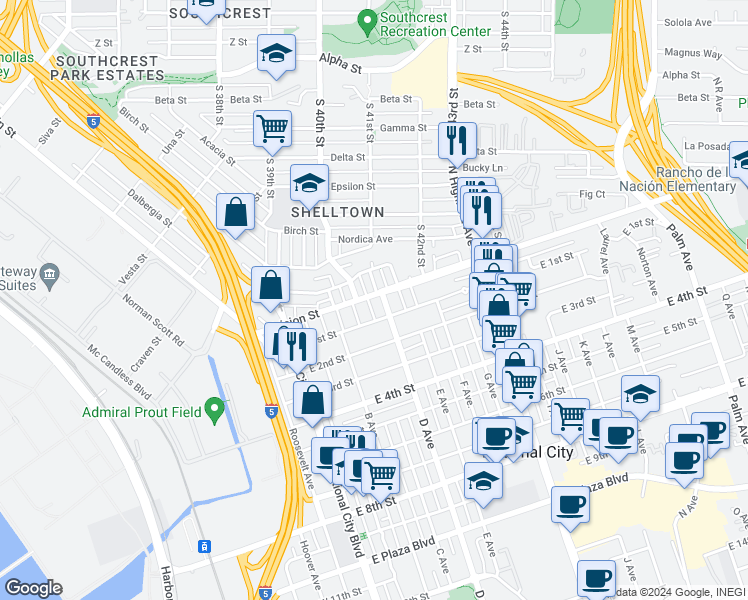 map of restaurants, bars, coffee shops, grocery stores, and more near 248 Division Street in National City