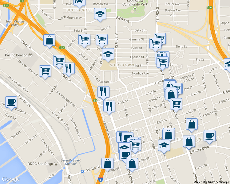 map of restaurants, bars, coffee shops, grocery stores, and more near 3954 Division Street in National City
