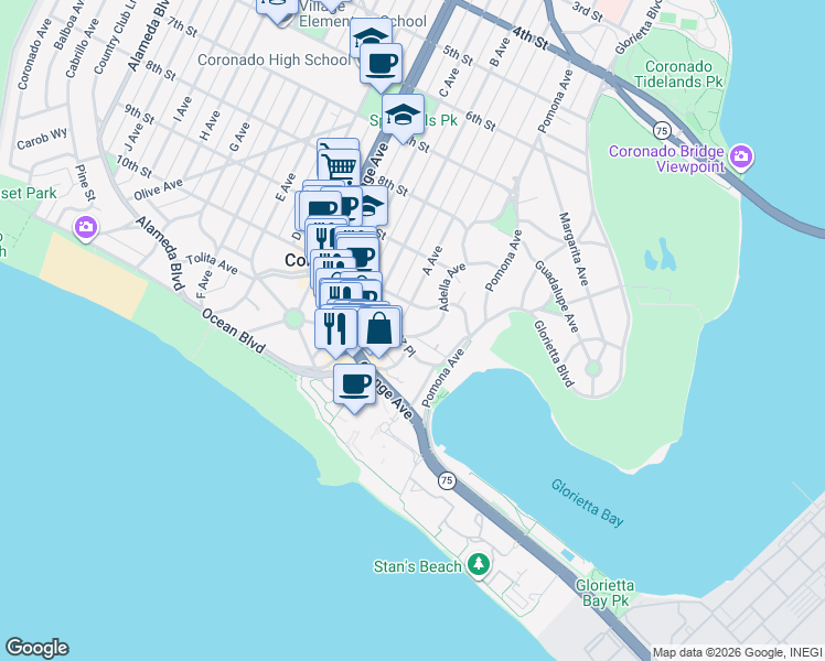 map of restaurants, bars, coffee shops, grocery stores, and more near in San Diego