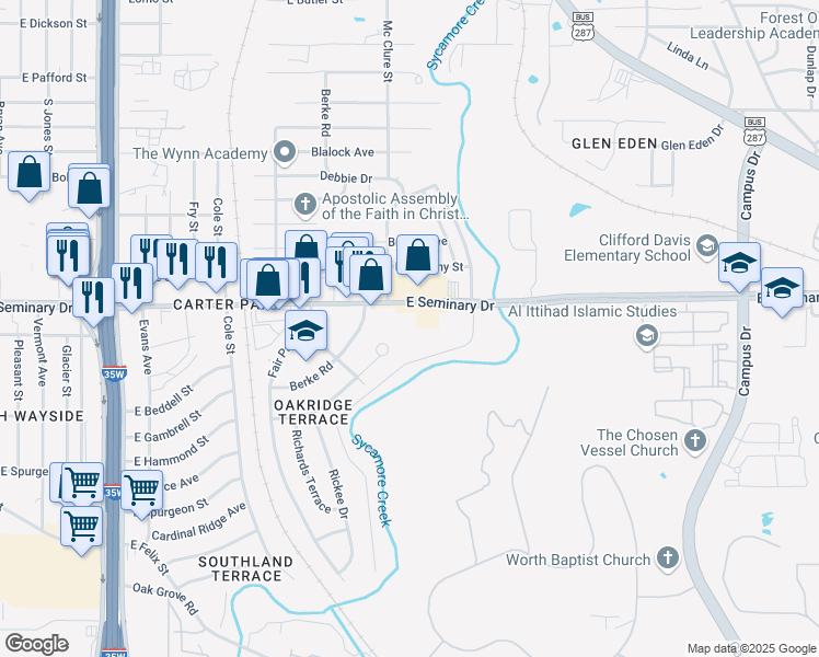 map of restaurants, bars, coffee shops, grocery stores, and more near 1334 East Seminary Drive in Fort Worth