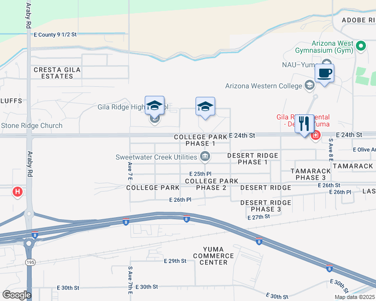 map of restaurants, bars, coffee shops, grocery stores, and more near 7332 East 24th Lane in Yuma