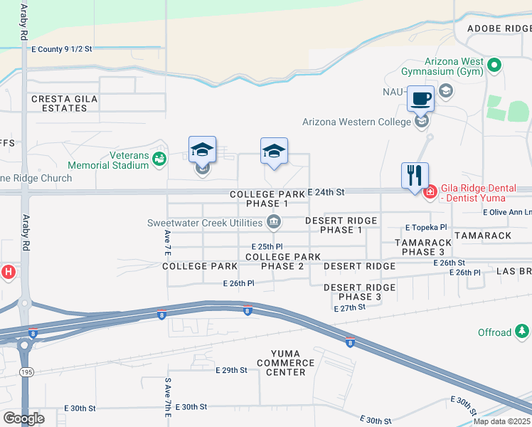 map of restaurants, bars, coffee shops, grocery stores, and more near 7372 E 24th Ln in Yuma