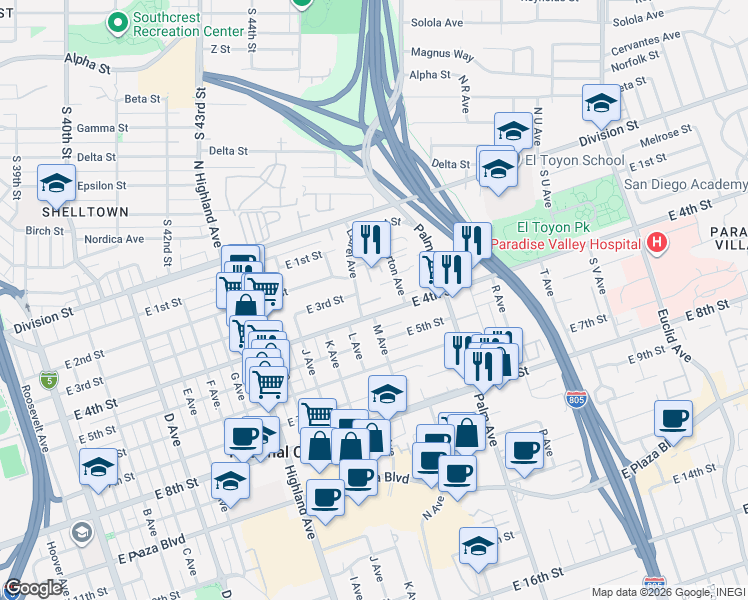 map of restaurants, bars, coffee shops, grocery stores, and more near 327 Laurel Avenue in National City