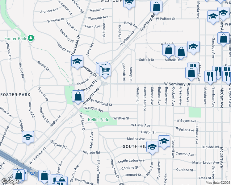 map of restaurants, bars, coffee shops, grocery stores, and more near 4320 Wilson Lane in Fort Worth