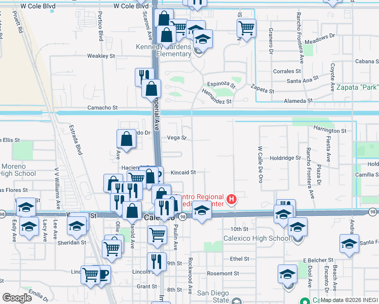 map of restaurants, bars, coffee shops, grocery stores, and more near 1623 Rockwood Avenue in Calexico