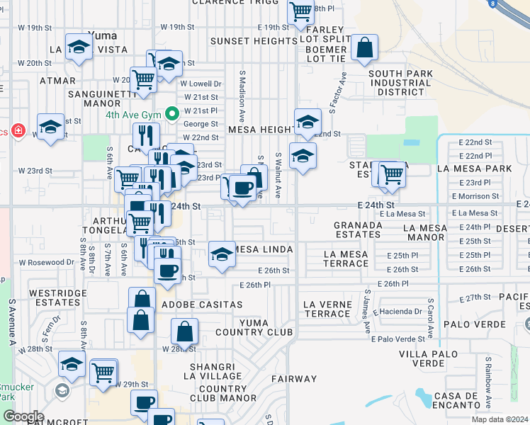 map of restaurants, bars, coffee shops, grocery stores, and more near 181 E 24th St in Yuma