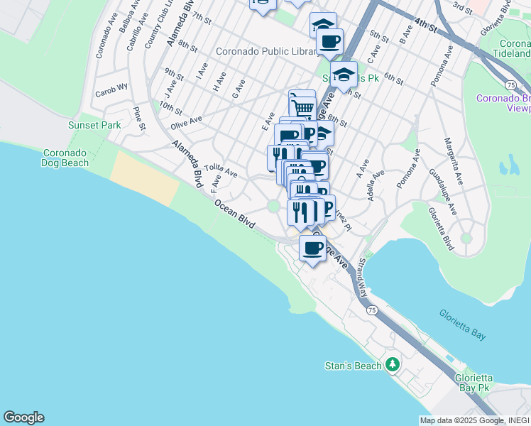 map of restaurants, bars, coffee shops, grocery stores, and more near 1040 Loma Avenue in Coronado