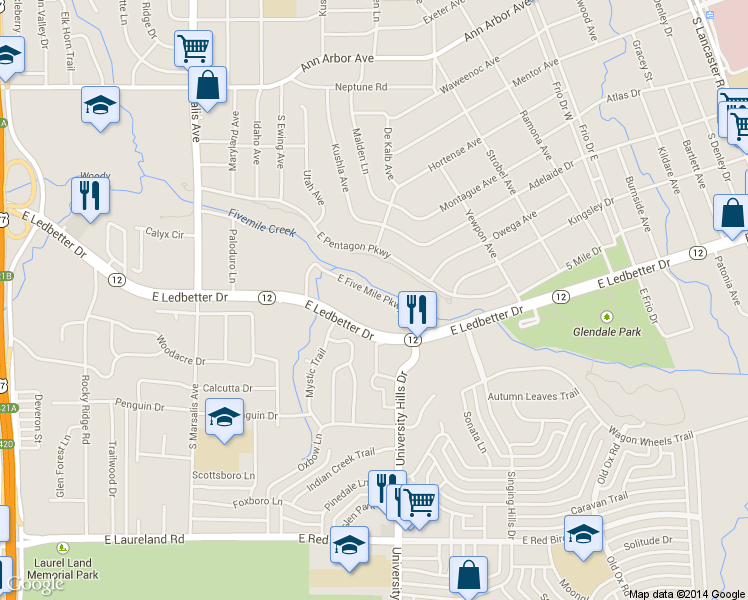 map of restaurants, bars, coffee shops, grocery stores, and more near 1126 East Five Mile Parkway in Dallas