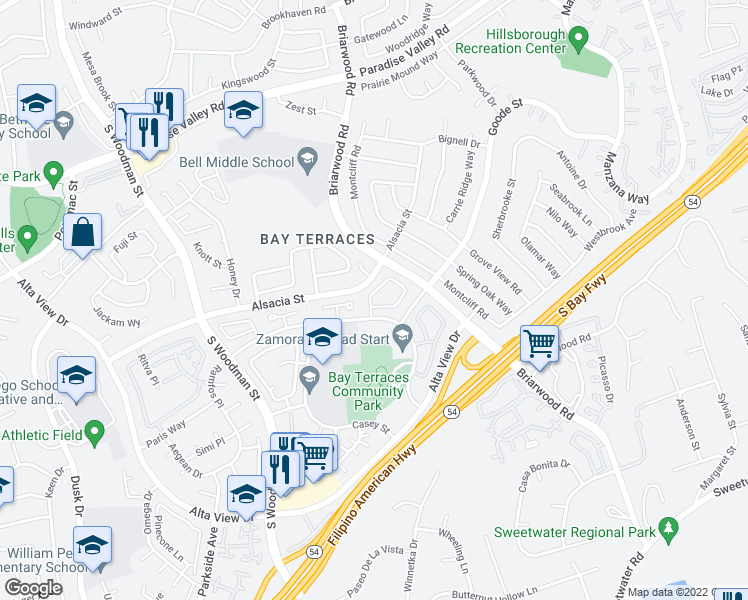 map of restaurants, bars, coffee shops, grocery stores, and more near 2396 Donnington Way in San Diego