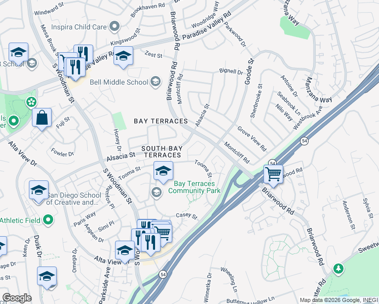 map of restaurants, bars, coffee shops, grocery stores, and more near 2396 Donnington Way in San Diego