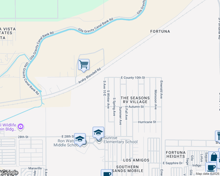 map of restaurants, bars, coffee shops, grocery stores, and more near 10181 South Winter Avenue in Yuma