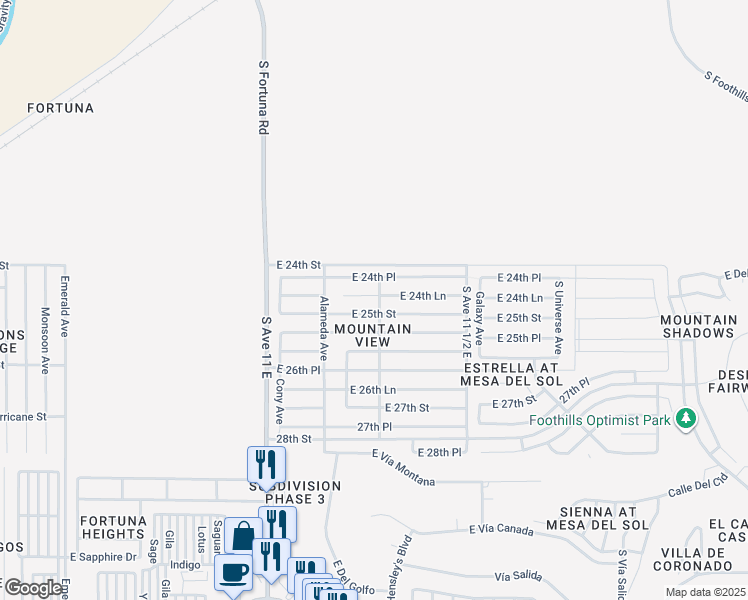 map of restaurants, bars, coffee shops, grocery stores, and more near 11321 East 24th Lane in Yuma