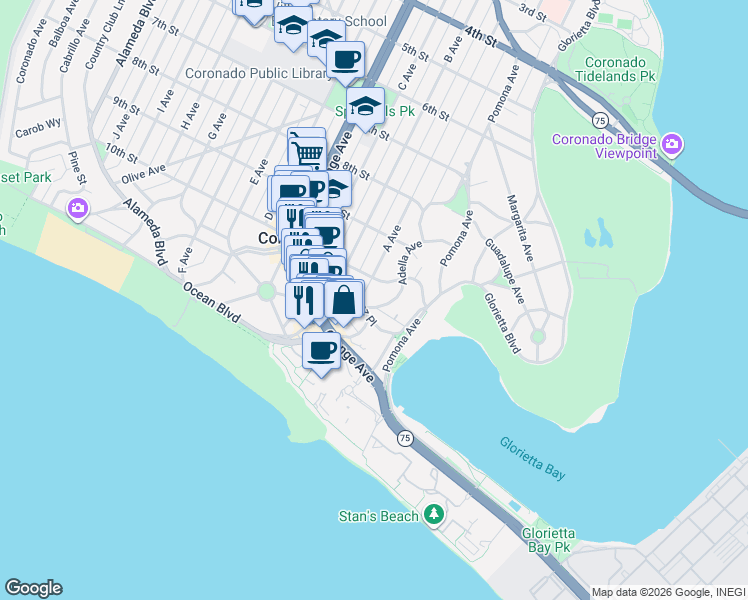 map of restaurants, bars, coffee shops, grocery stores, and more near in San Diego