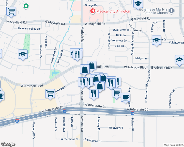 map of restaurants, bars, coffee shops, grocery stores, and more near 600 West Arbrook Boulevard in Arlington